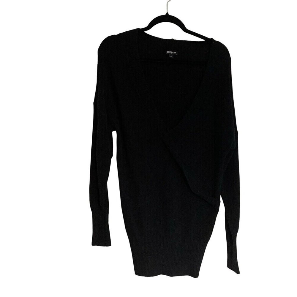 Express Women Sz S Black Deep V-Neck Long Sleeve Oversized Knit Sweater